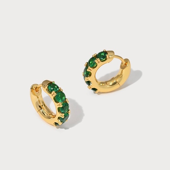 Emerald Huggie Hoop Earrings, Emerald Hoop Earrings, Green Gem Earrings - Picture 5 of 9